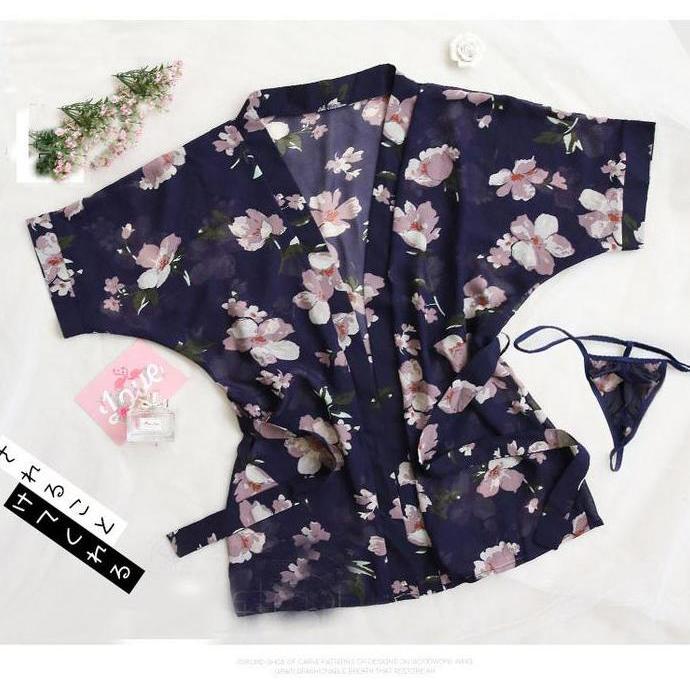 kimono Wanita Baju tidur Bahan sifon Motif bunga A187 Satin