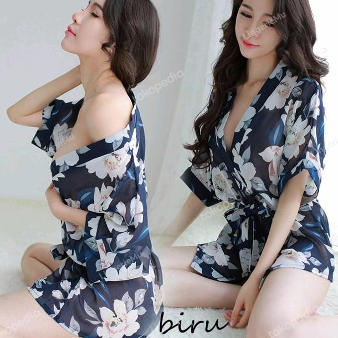kimono sifon motif bunga-lingerie sifon tipis transparan