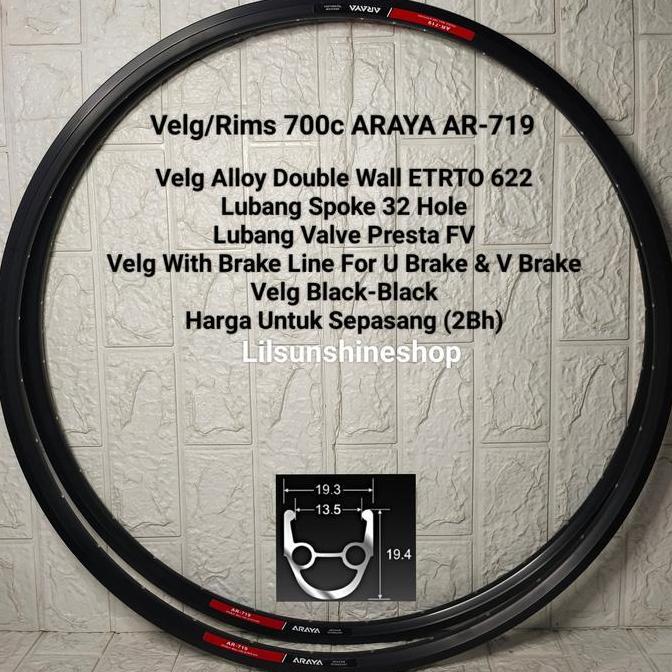 Velg Rim 700c ARAYA 32H AR719 Double Wall Brake Line FV Full BLACK Rims 700 Sepeda Roadbike Fixie Ju