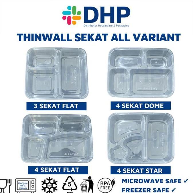 Thinwall Bento 3 Sekat FLAT + Tutup Box Kotak Makan Nasi Plastik