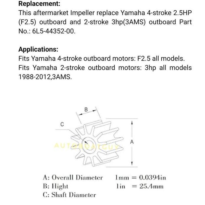 Impeller 6L5-44352-00 Yamaha 2.5 PK 4 Tak / Yamaha 3 PK 2 Tak