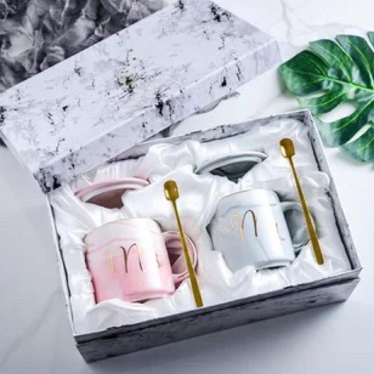 BEST SELLER LANASAINT HAMPERS KERAMIK WEDDING AND BIRTHDAY BERN MARBLE GLASS SET  MR & MRS GLASS