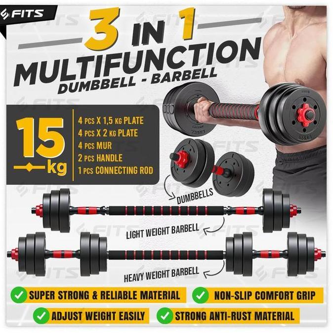 SFIDN FITS 3 IN 1 Adjustable 15kg Dumbell Barbel Dumbbell Barbell Set