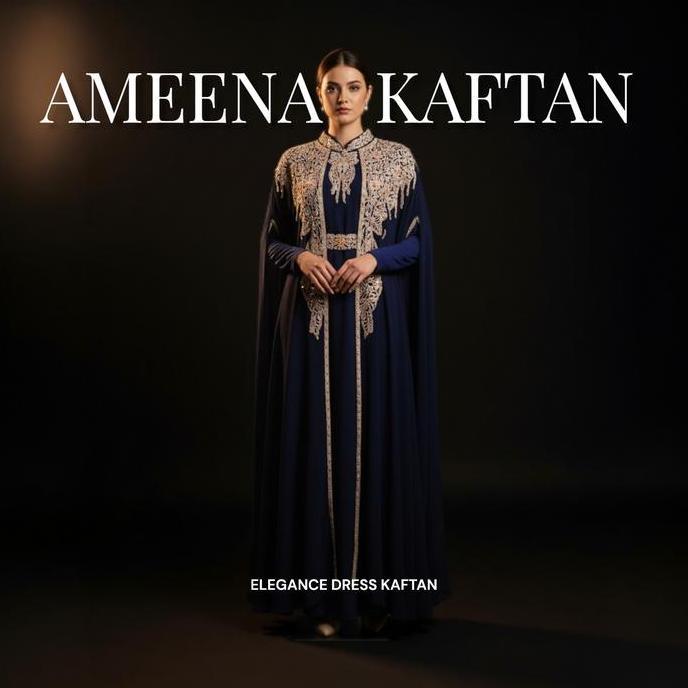AYJONA - KAFTAN AMEENA BORDIR 2 LAYER - SET INNER GAMIS TURBAN DAN BELT BORDIR - DRESS KAFTAN MEWAH