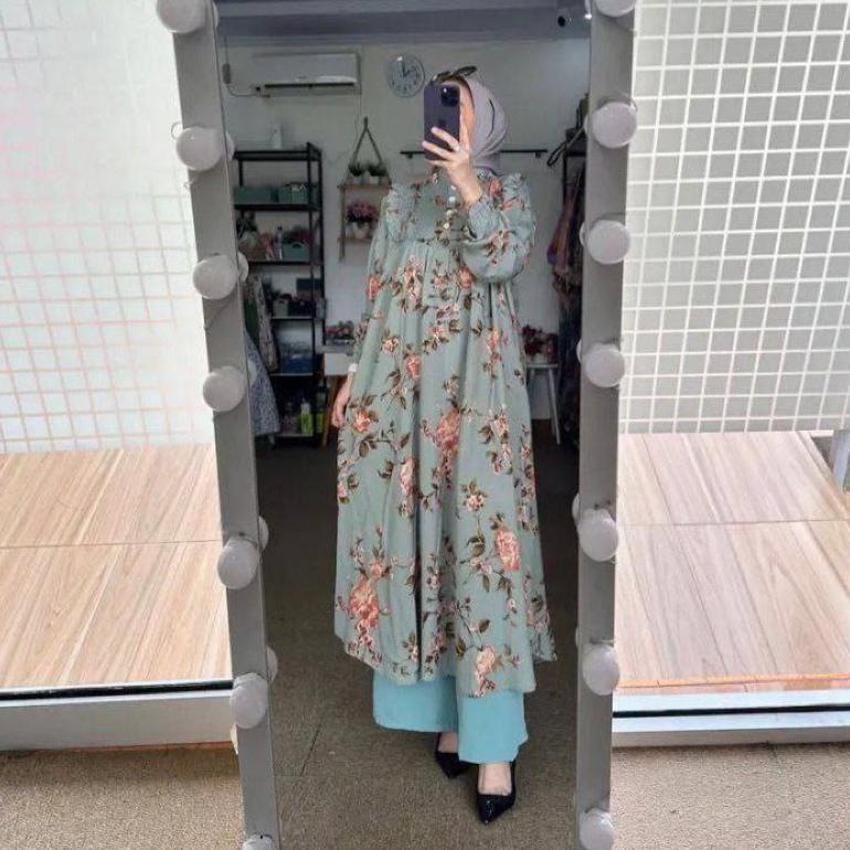 PIONIGARA SETELAN LONG TUNIK  MOTIF BUNGA JASMINE KECIL BAHAN RAYON DIAMOND CELANA CRINGKEL BERKUALI