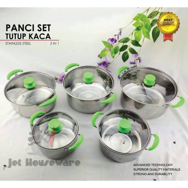 Panci Stenlis Set Tutup Kaca 10 Pc