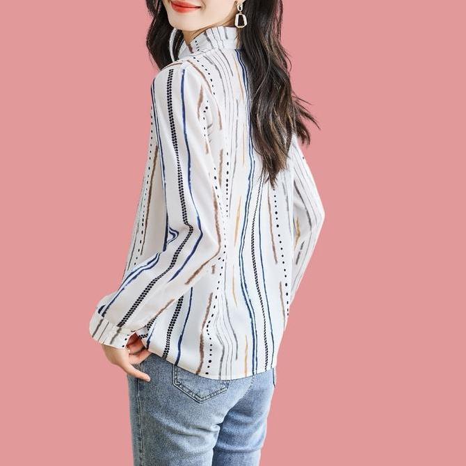 New.Fashions Kain Sifon Kain Sifon Berkualitas Tinggi Putih Hitam Kemeja Wanita Lengan Panjang