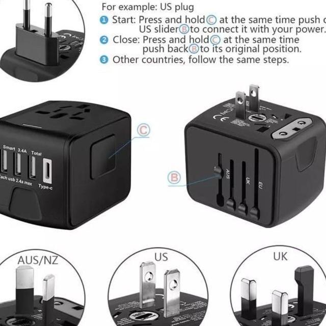 Charger Travel Universal Travel Adaptor 3 Port Usb 1 Type C