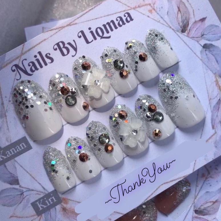 KUKU PALSU PUTIH BUNGA / NAIL ART WEDDING / NAIL ART PUTIH