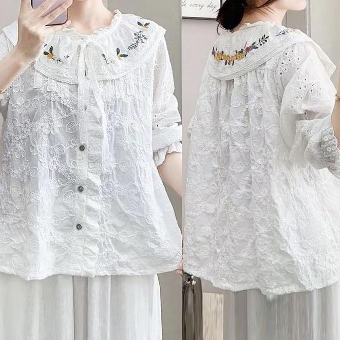 Blus Wanita Katun Blus Wanita Katun Brukat Pink Putih Kerah Rampel Bordir Bunga