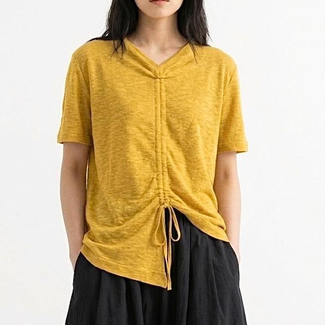 Kaos Wanita V Kaos Wanita V Neck Kuning Tengah Serut Asimetris Import