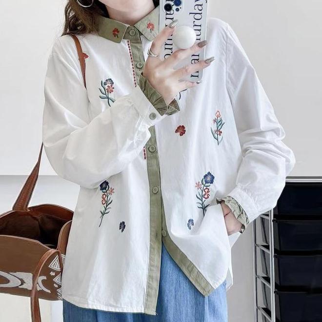 Blus Kemeja Katun Blus Kemeja Katun Putih Putih Bordir Bunga Lengan Ruffle