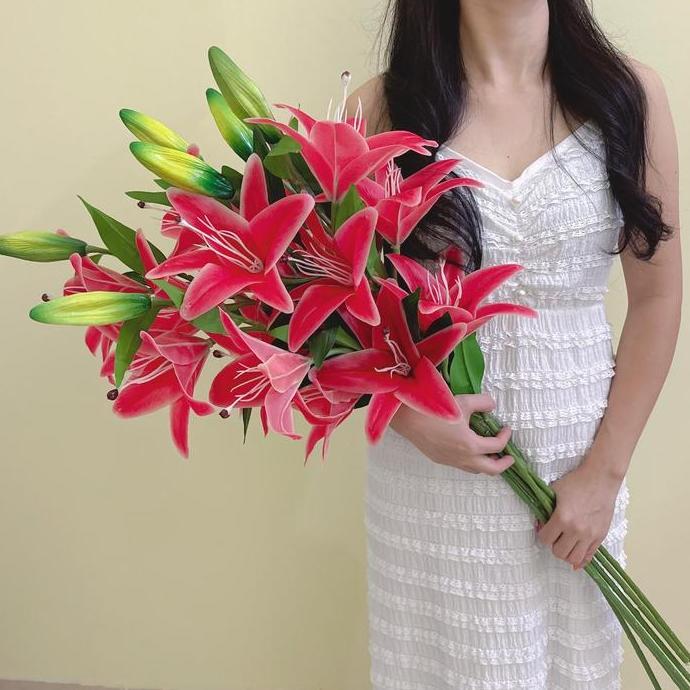 Bunga Lily Latex Besar Jumbo 4 Cabang Bunga Hias Premium Tangkai 108cm