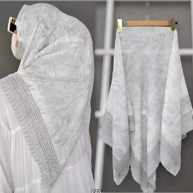 HARGA PROMO Jilbab Segi Empat Voal Motif Pegunungan Putih Premium Lasercut Printing Nyaman Mewah Hij