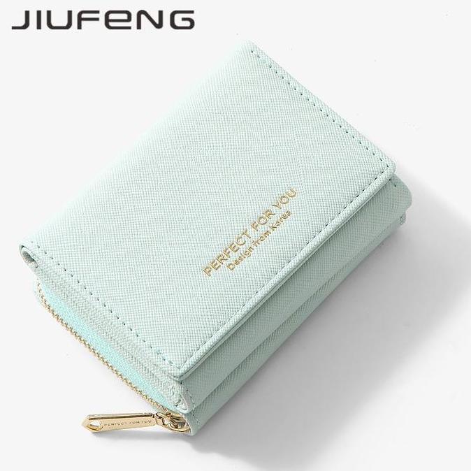 Jiufeng Dompet Wanita Pendek Ritsleting Serbaguna Dilipat Dompet Koin Premium