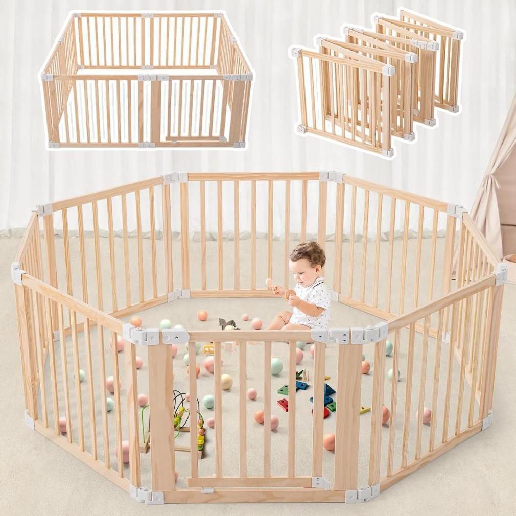 Foldable Wooden Playpen,Large Baby Gate Playpen with Child-Proof