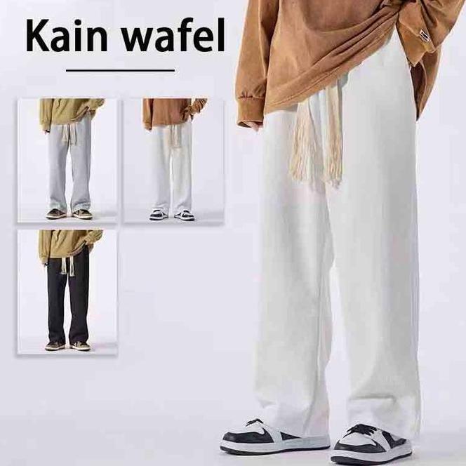 Celana Panjang Polos Celana Panjang Polos Pria Putih Kain Wafel Trening Dewasa