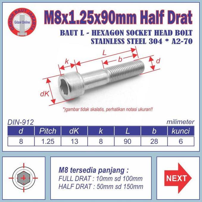 Baut L SS304 - M8 x90mm Half drat - kunci L 6mm - Stainless SUS 304 murah