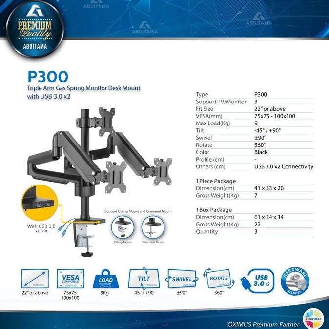 BRACKET MONITOR Laptop GAS SPRING OXIMUS P300 TILT SWIVEL ROTATE USB 3.0 x2