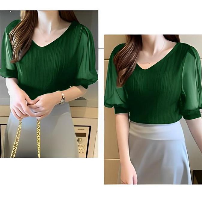 SOJEHBOW Fashion Fabric - Blouse Rajut Surplice V-neck Lengan 3/4 Kombinasi Tile Transparan #4427