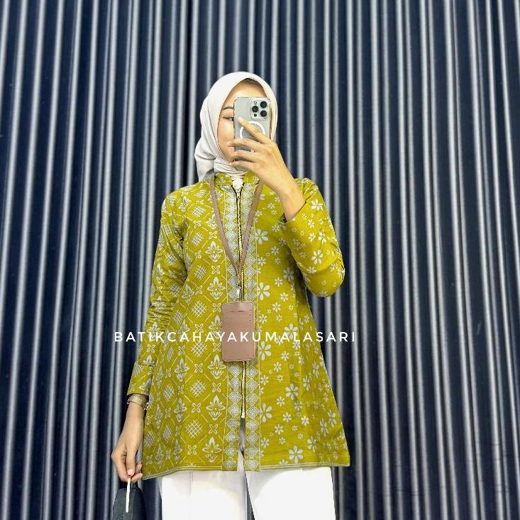 hemat tunik pendek batik wanita lapis trikot motif romecca lemon - atasan kerja wanita kuning lemon