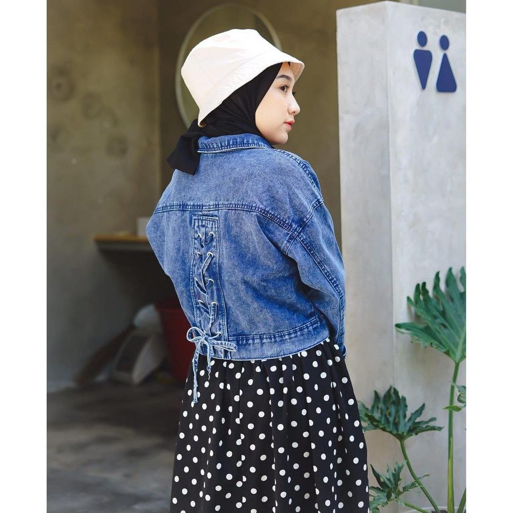 HOT JAKET JEANS WANITA CROP DENIM TALI BELAKANG KEKINIAN TERBARU