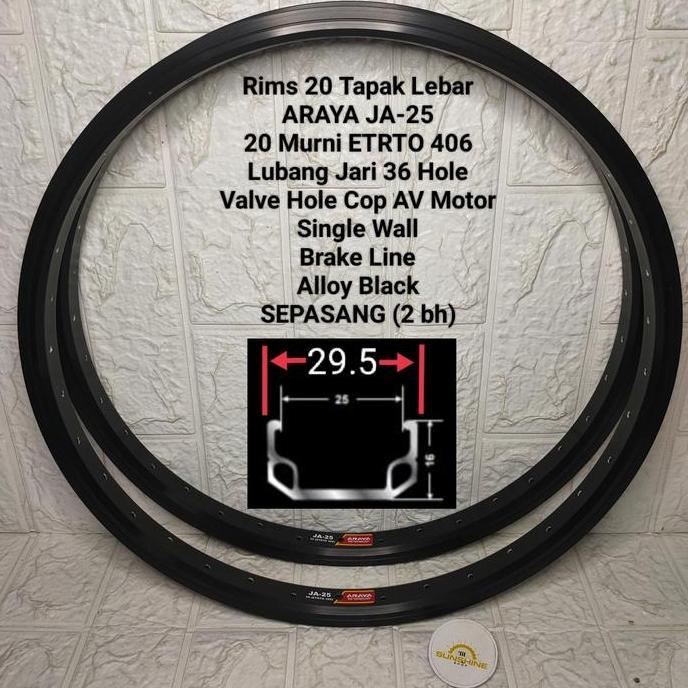 Rims Velg BMX 20 Murni ARAYA JA25 Rim Lubang 36H TAPAK LEBAR Alloy Single Wall Ada Brake Line Valve 