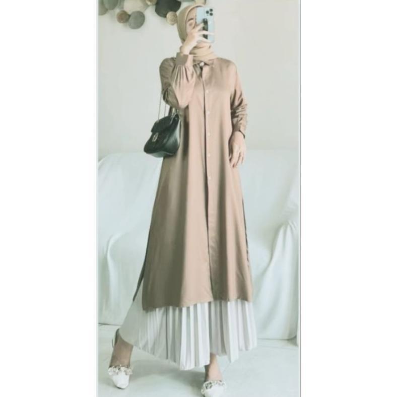 CUCI GUDANG Gamis tunik Biru Lengan Panjang allsize standard ld 110 allsize jumbo ld 120 terbaru