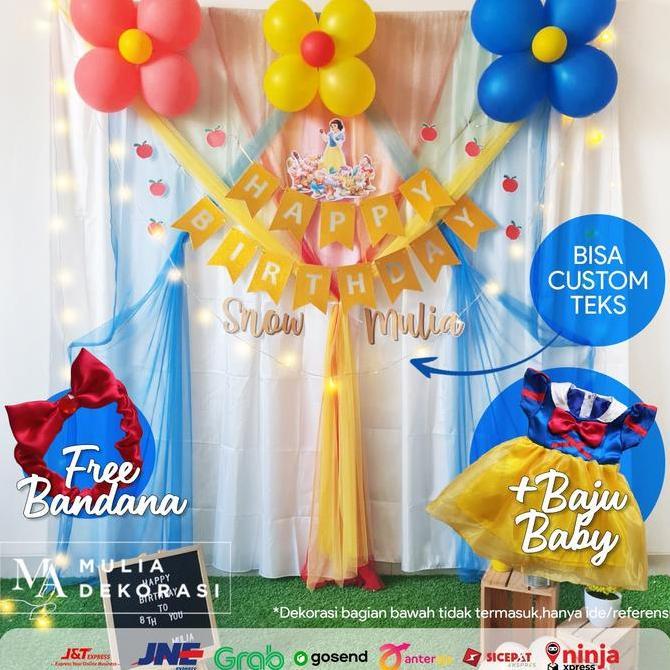 Ready  Backdrop Dekorasi UlangTahun HappyBirthday Pesta Anak Paket Snow White