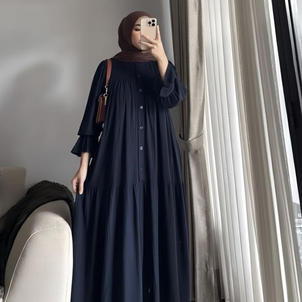 Hot Deals Nagita Dress Gamis Rayon Twill - Gamis Lebaran Model Lengan Balon Kancing Depan Busui Frie