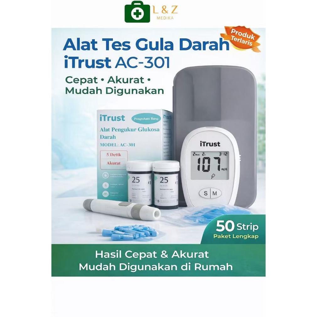 Terlaris Alat Tes Gula Darah Digital iTrust AC-301 Glucose Meter + 50 Strip Cek Gula Darah Akurat un