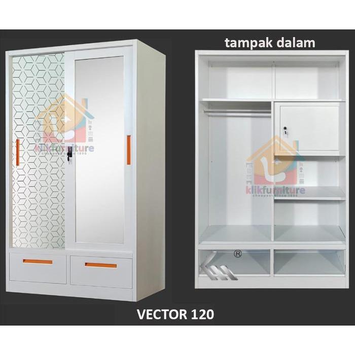 Lemari Pakaian Besi Sliding Cermin + 2 Laci + Brankas VECTOR 120 LC