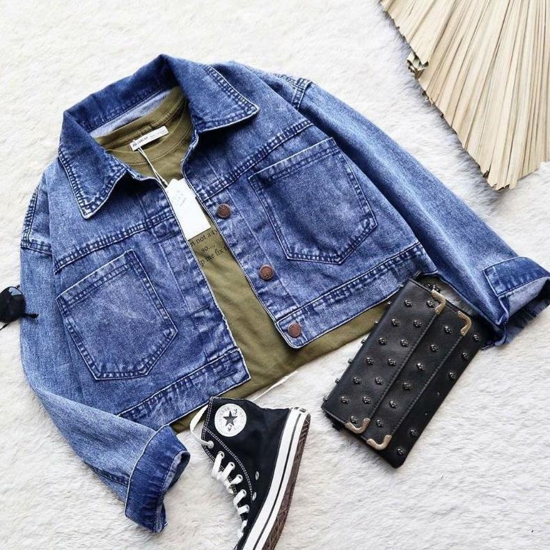 terbaru jaket jeans tali belakang crop oversize wanita jaket denim terbaru