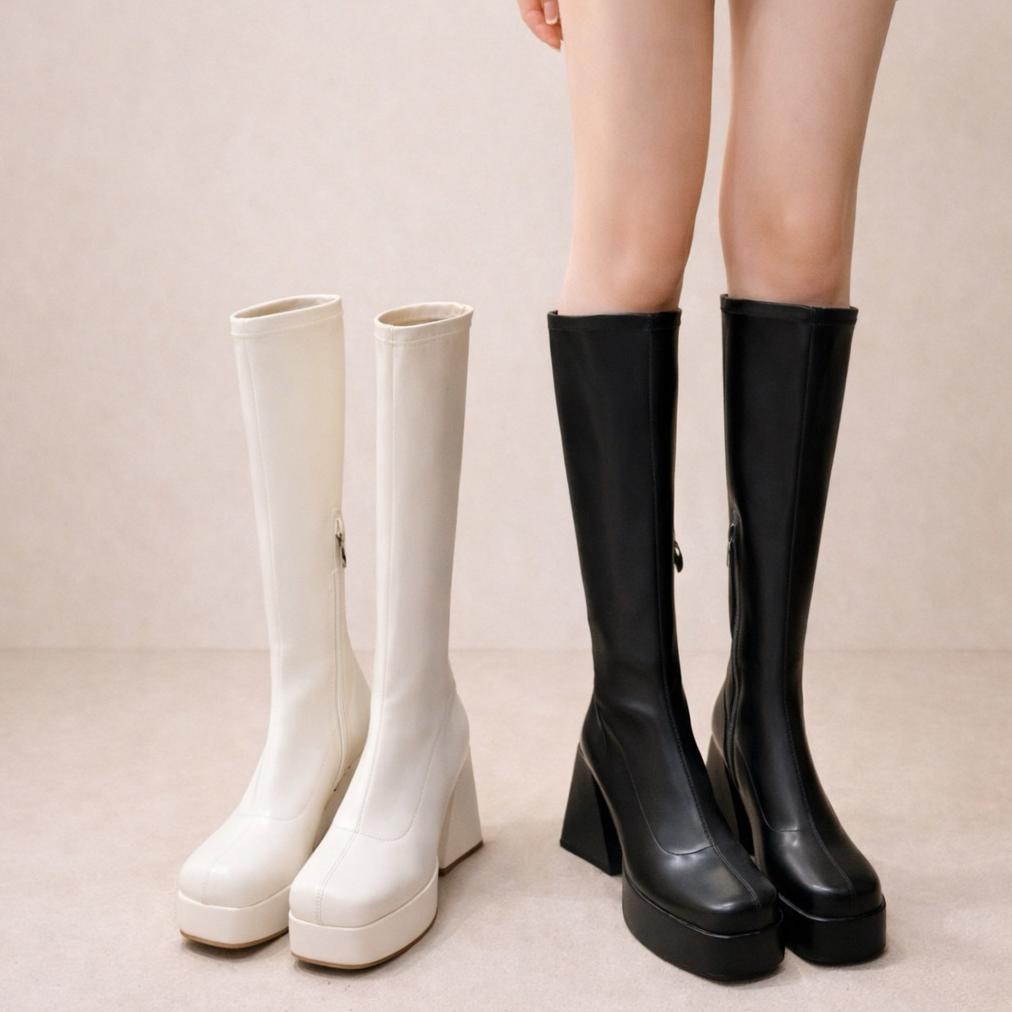 Best Seller Pinkey P295 Boots Panjang Wanita Heels 10Cm Platform Hitam Putih