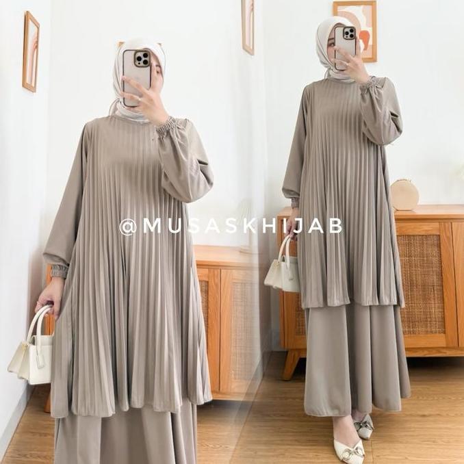 TUNIK PLISKET / ONESET PLISKET PAYUNG POLOS / SETROK SETELAN ROK ONESET MALAYSIA PLISKET / GAMIS PLI