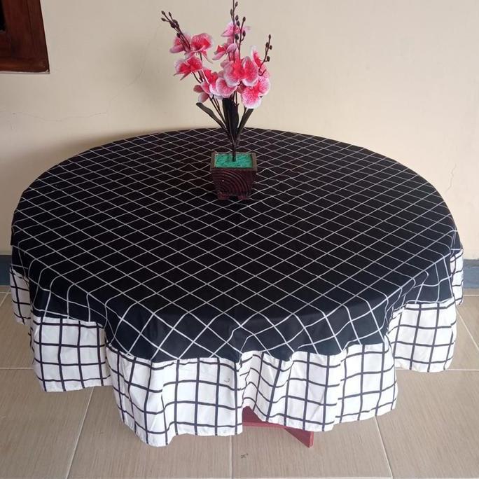 Taplak Meja Bulat Kain Katun Model Rumbai Motif Bunga Batik Elegant Modern Diameter 150 cm
