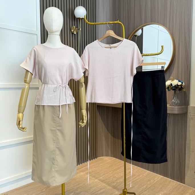 SET1049 HANIVA KOREAN STYLE VINTAGE MIDI SETELAN ATASAN ROK SIMPLE POLOS KASUAL FORMAL LOOK GEREJA  