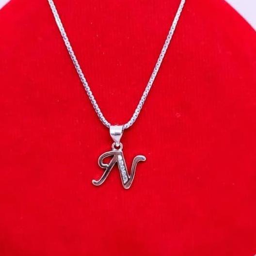 kalung italy santa + liontin huruf N perak 925/silver lapis emas putih