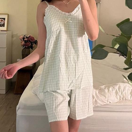 Tanktop Set Gingham Tanktop Set Gingham Katun Paket Cup Bra Pajamas