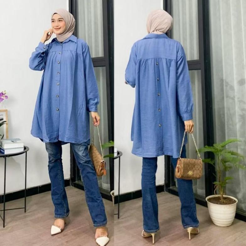 Premium Zela Tunik Polos Polo Linen Kancing Depan Belakang Tunik Pololinen Busui