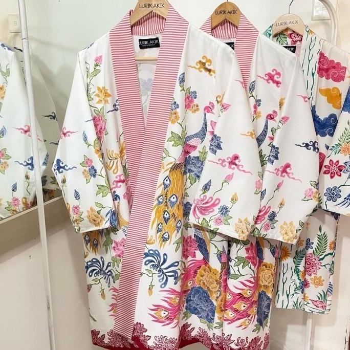 Lurik Akik Batik Outer Long Sleeve Lurik Akik Bahan Batik Cap Pekalongan Putihan Motif Burung Size L