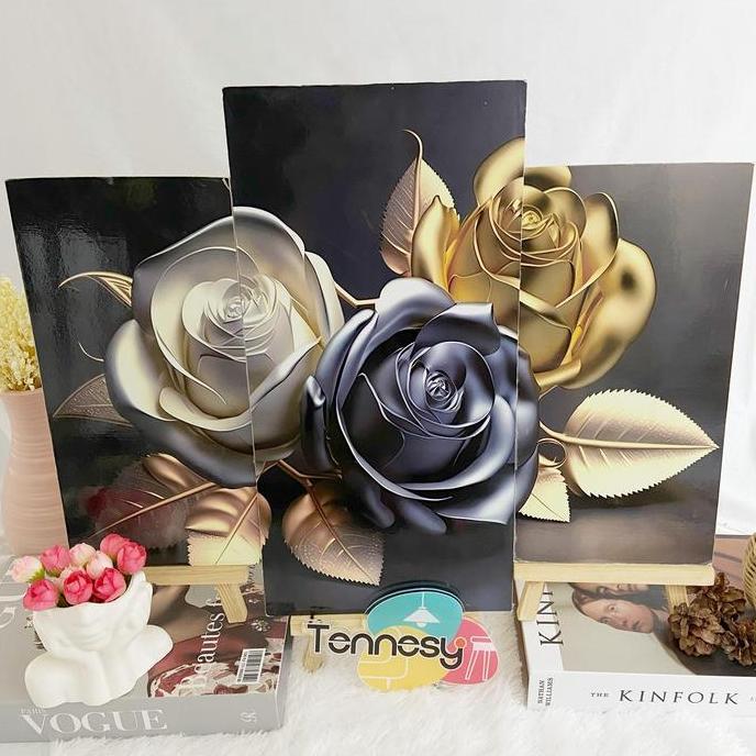 Okushonga- Tennesy Hiasan Dinding 1 Set Bunga Floral Gold And Silver Lukisan Flowers Bingkai Foto Wa