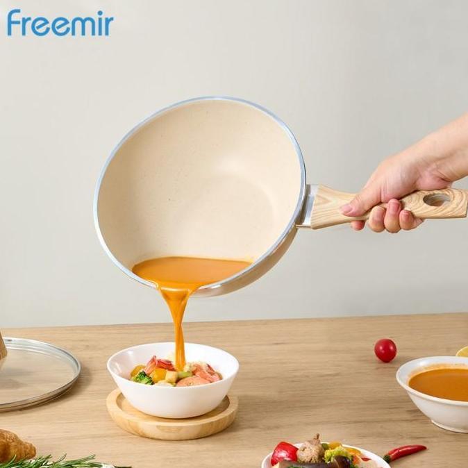Kuteka- [Baru] Freemir 24Cm Wajan Panci Beige Anti Lengket Satu Gagang+Tutup