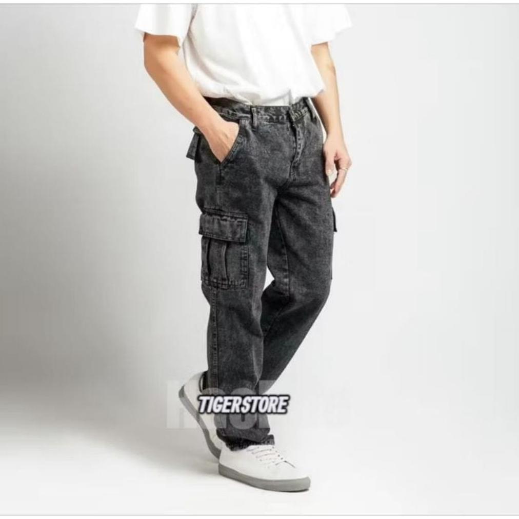 OFFICIAL LONG CARGO PANTS JEANS PRIA LOOSE FIT  NSTRECH REGULAR CARGO JEANS DENIM BLACK SANDWASH POP