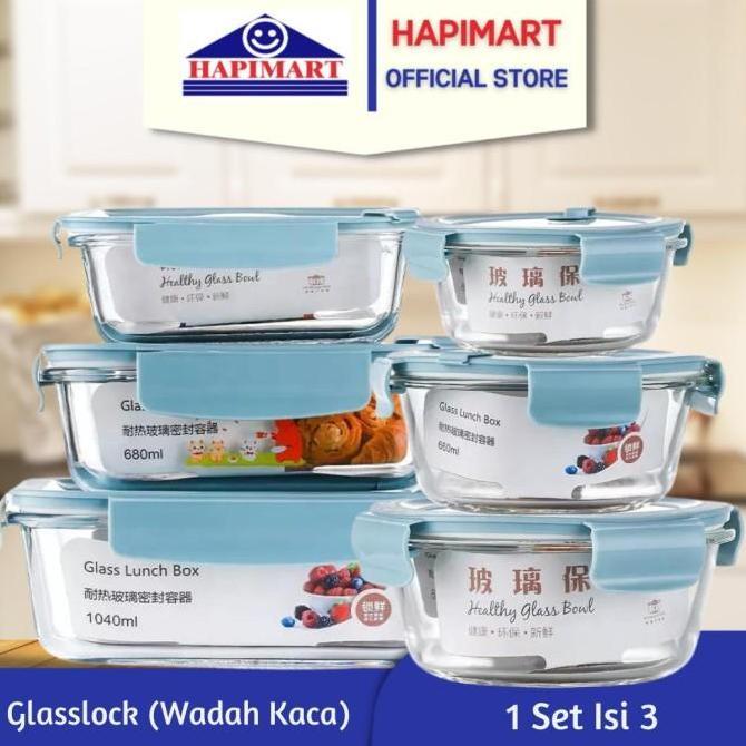Glasslock Wadah Penyimpanan Makanan Kaca 3 in 1 Non Sekat Kedap Udara