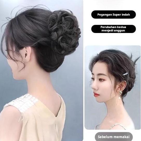 Wig sanggul jepit, wig sanggul keriting bervolume, rambut palsu sintetis EA