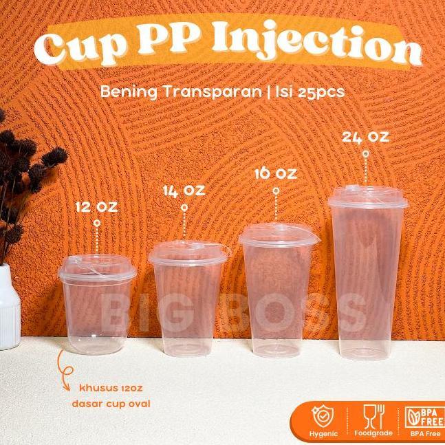 Gelas Plastik Injection Bening Transparan + Tutup 12oz 14oz 16oz 24oz / Gelas Kopi Strawless / Cup M