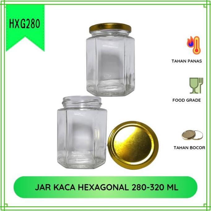HXG280 | Jar / Botol / Toples Kaca Hexagonal 280-320 ml Tutup Gold