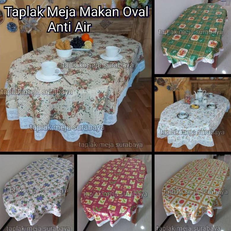 Taplak Meja Makan Oval 6 Kursi Plastik Anti Air Waterproof Motif Bunga Buah Cantik Lucu DISKON
