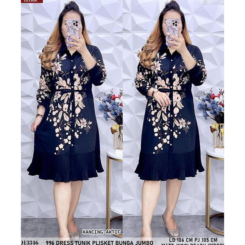 Kleid- 996 / 997 / 998 Dress Tunik Plisket Bunga Adem Q1334 Wanita Dress Fashion Adem Viral Kekinian